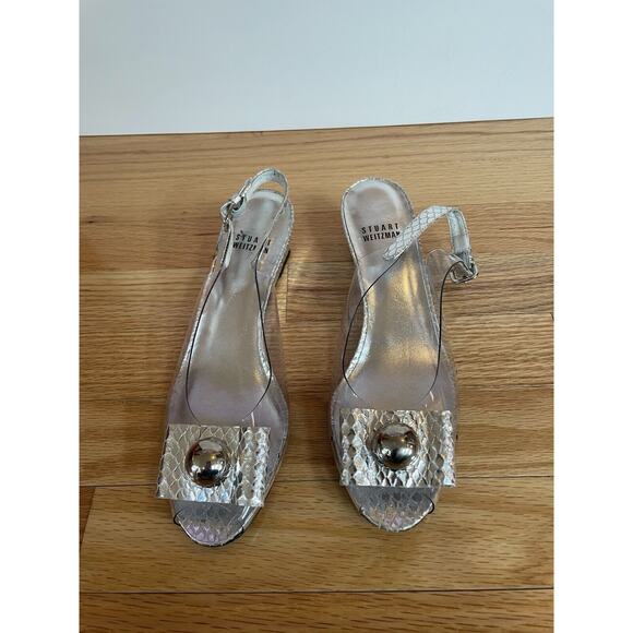 RARE vintage Stuart Weitzman Silver Snakeskin Wedge Heels Metallic And Clear - Picture 1 of 4